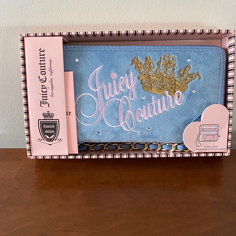 Juicy Couture Light Blue Wallet with Gold and Pink Embroidery